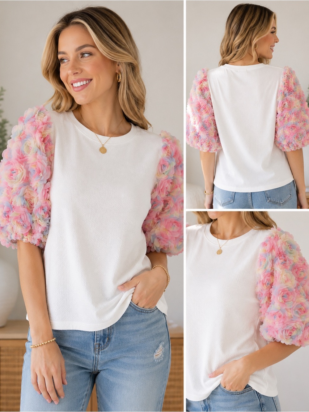 Shop The Mint XL White Pastel 3D Floral Rosette Puff Sleeve Top Like New